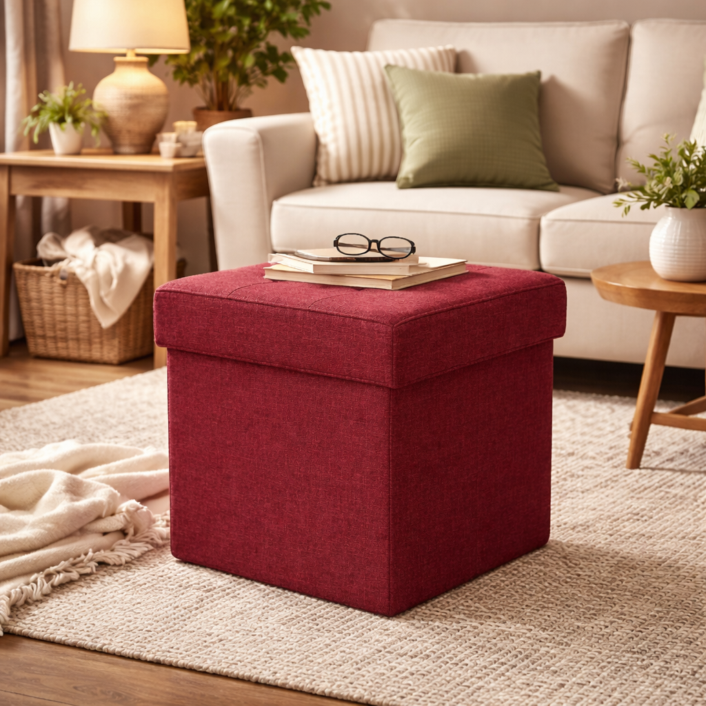 Pouf conteneur refermable 38x38x40 cm design recouvert de tissu