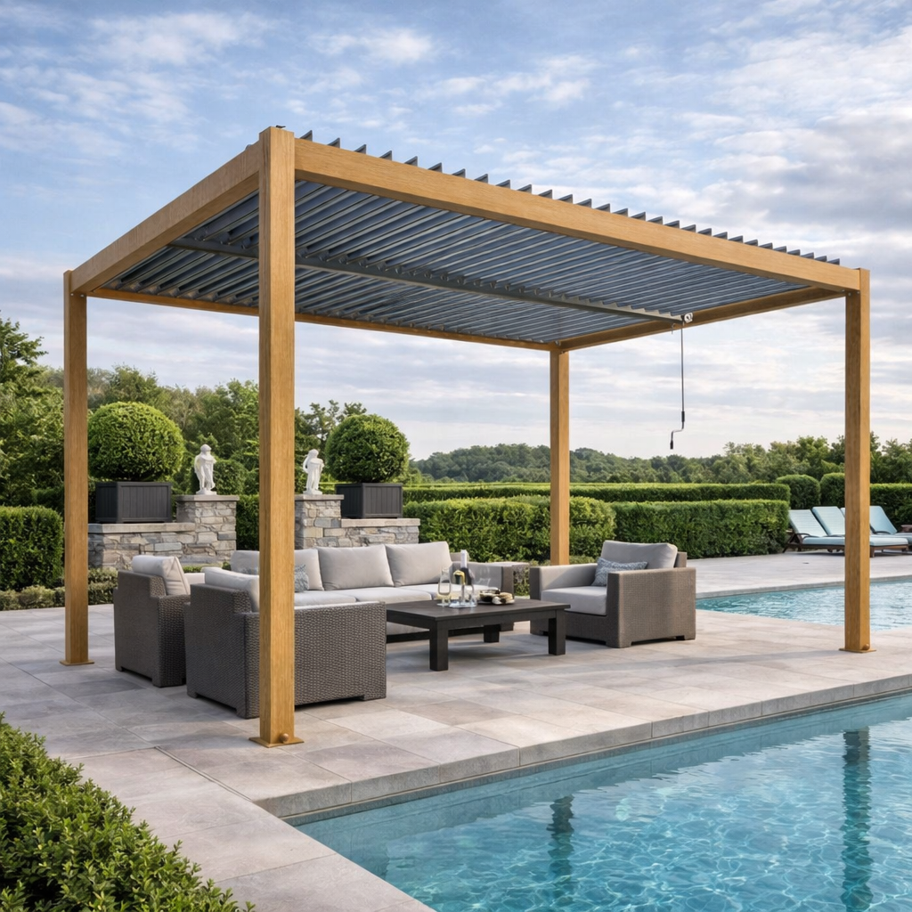 Pergola bioclimatica 3x4 in alluminio marrone effetto legno con lamelle frangisole orientabili a movimentazione manuale Velaris