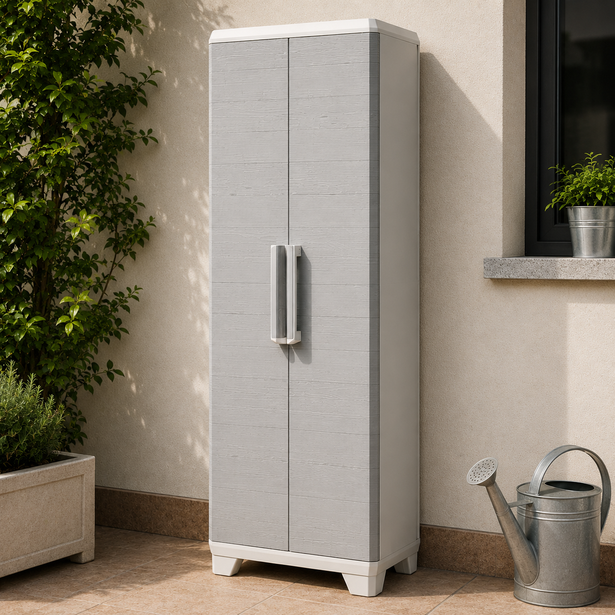 Armadio linear wood portascope lucchettabile in resina con 3 ripiani laterali regolabili e 2 ante Keter