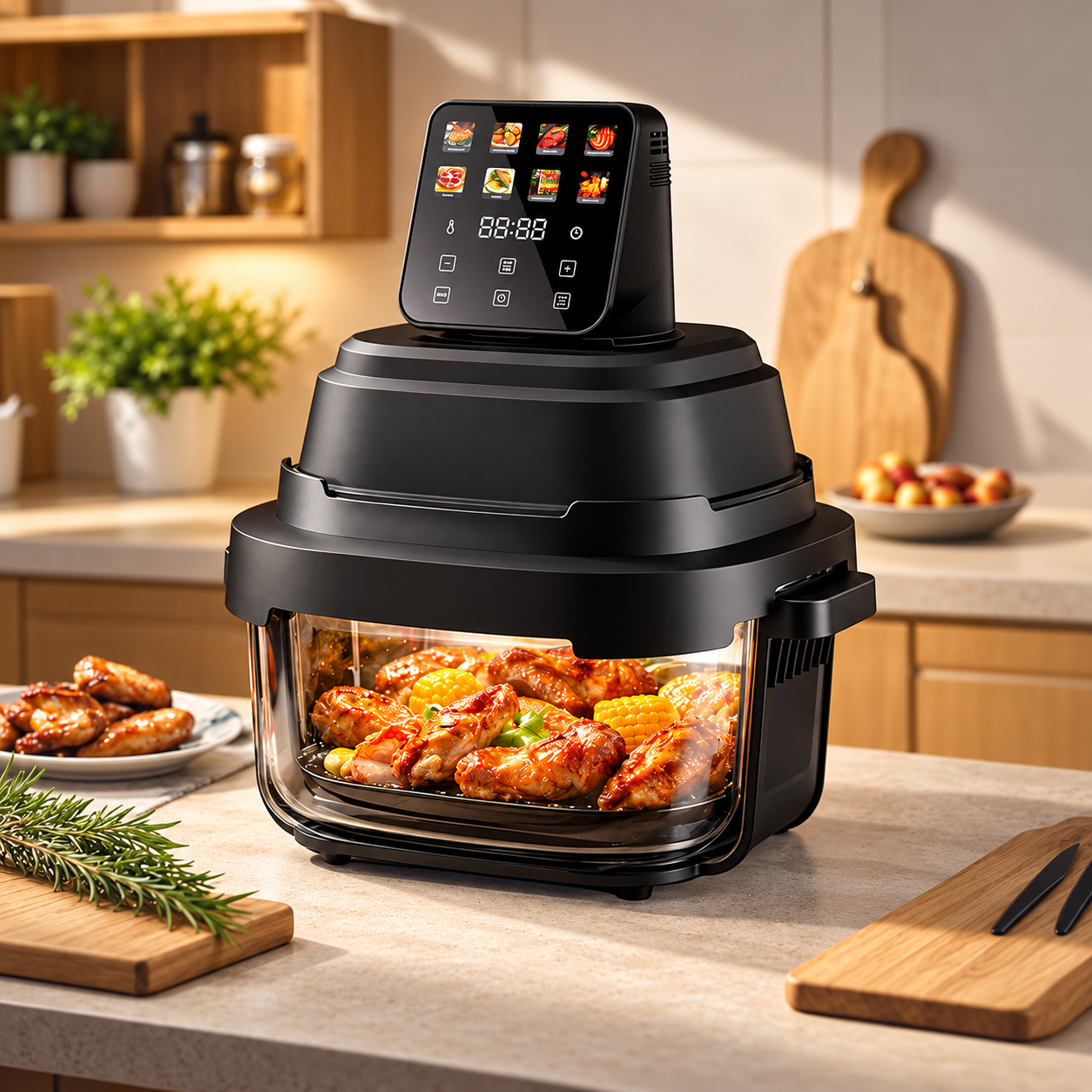 Friggitrice ad aria 1500W multiuso 4in1 con doppio cestello portapranzo in vetro