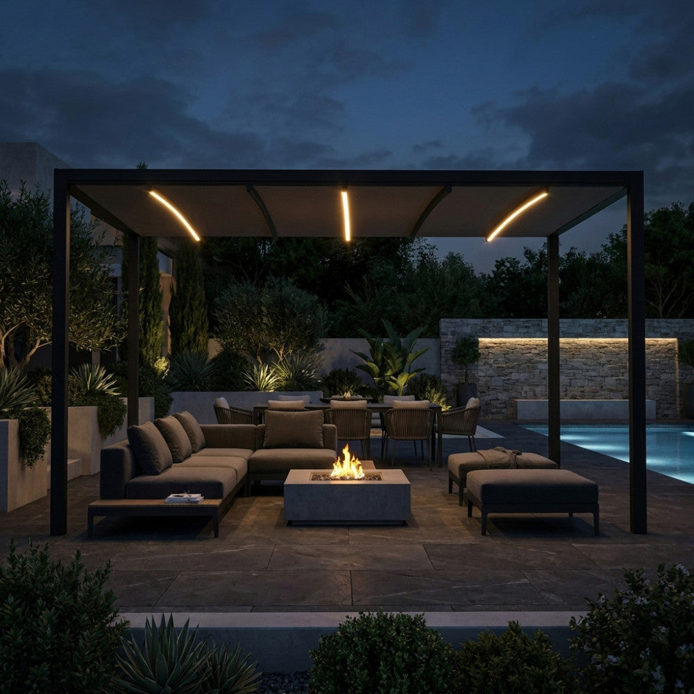 Gazebo pergola bioclimatica motorizzata da esterno in alluminio 3x4 mt con sistema retrattile integrato e illuminazione led