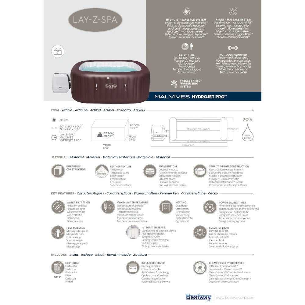 Piscine SPA d'hydromassage en acajou 5-7 personnes avec télécommande via APP Lay-Z Spa Maldives Hydrojet Pro BESTWAY 60033