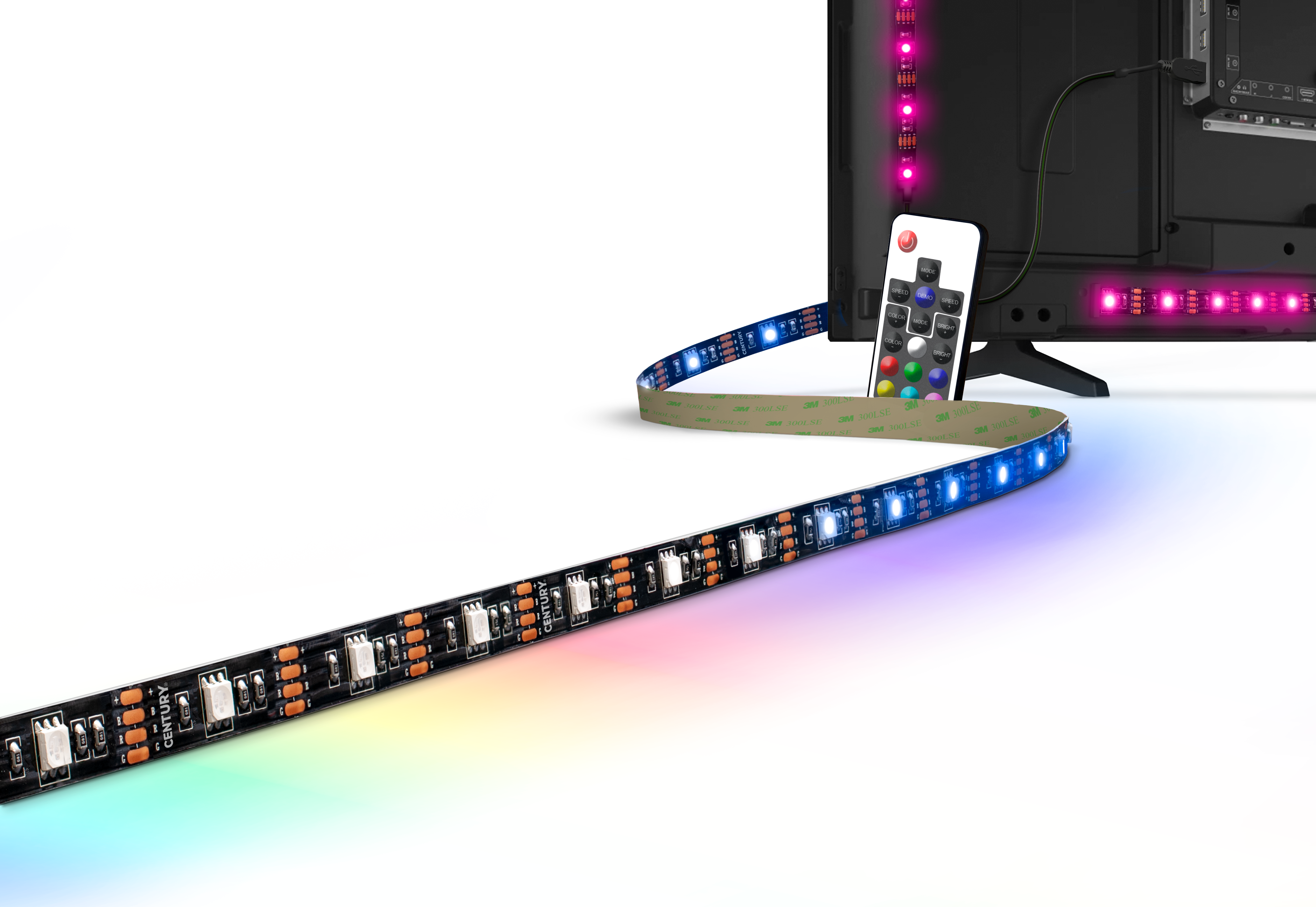 Bande adhésive LED USB RGB 4W couleur arc-en-ciel, rouleau de 3 m avec télécommande Century