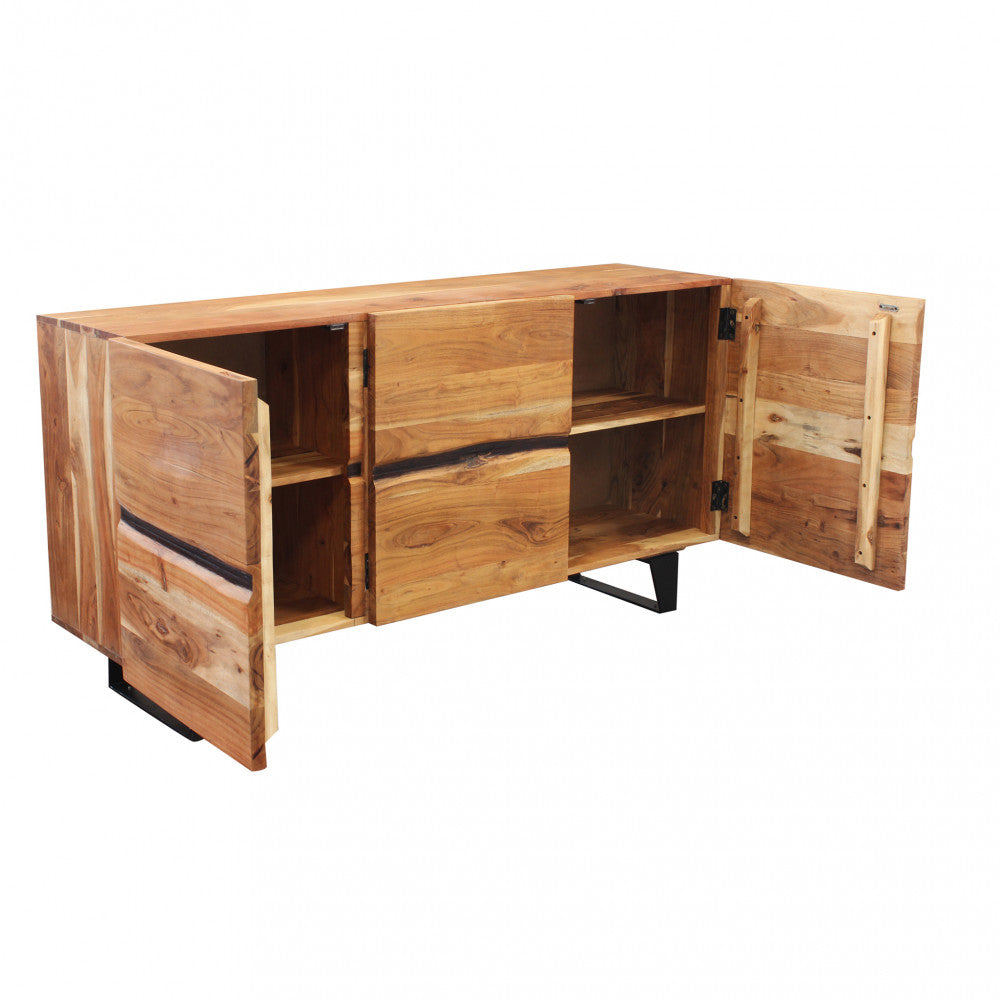 Buffet d'entrée de maison en bois d'acacia travaillé avec 3 portes et pieds en métal Kinde