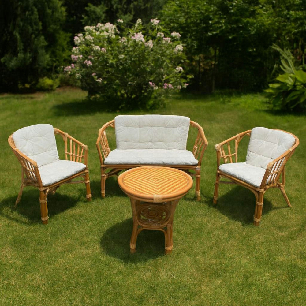 Salotto da esterno 4 posti con cuscini imbottiti e struttura in legno wicker