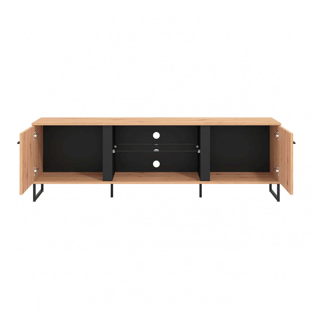 Meuble TV de salon en bois et métal avec 2 étagères et 2 portes
