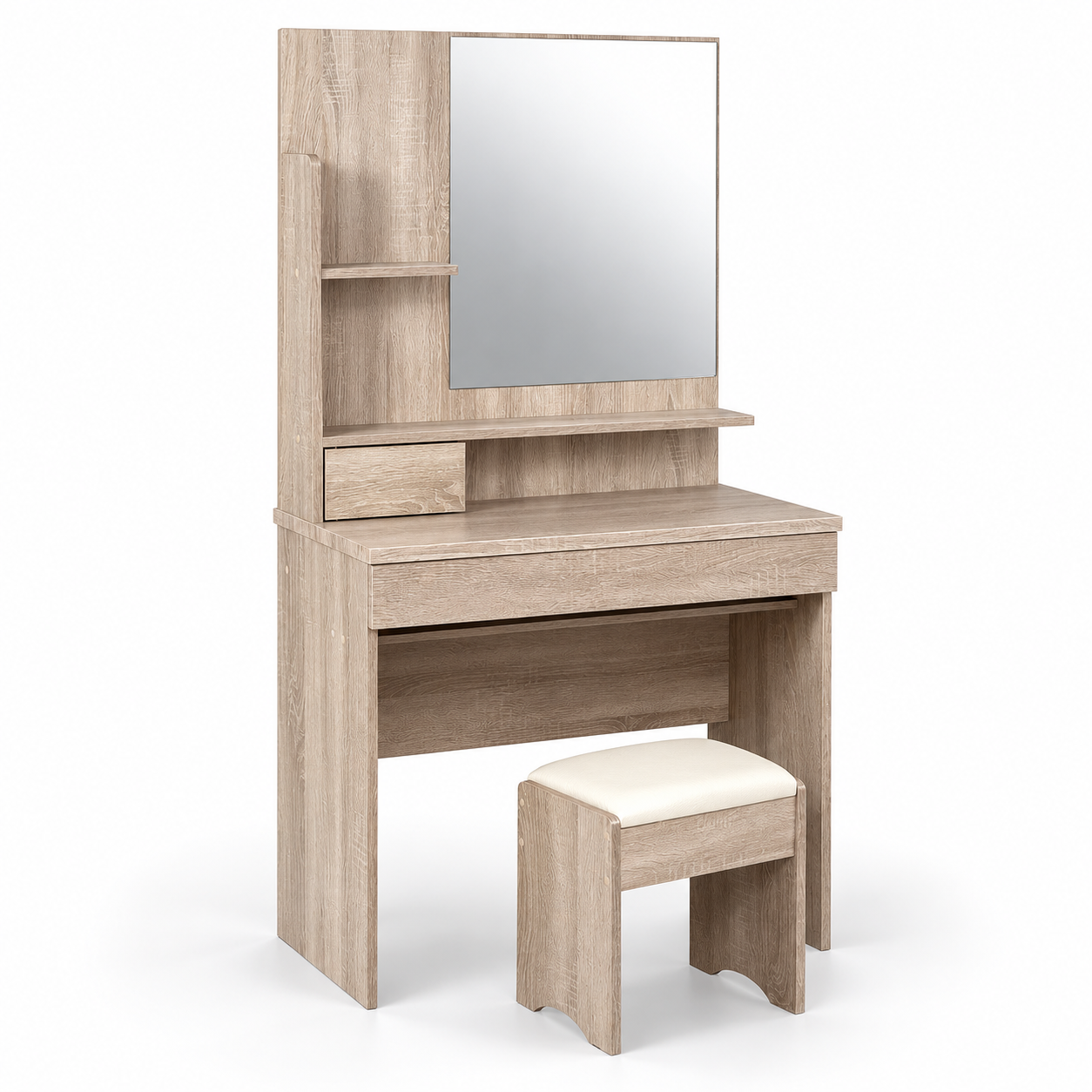 Toeletta specchiera scrivania in legno MDF con sgabello imbottito per organizzazione cosmetici
