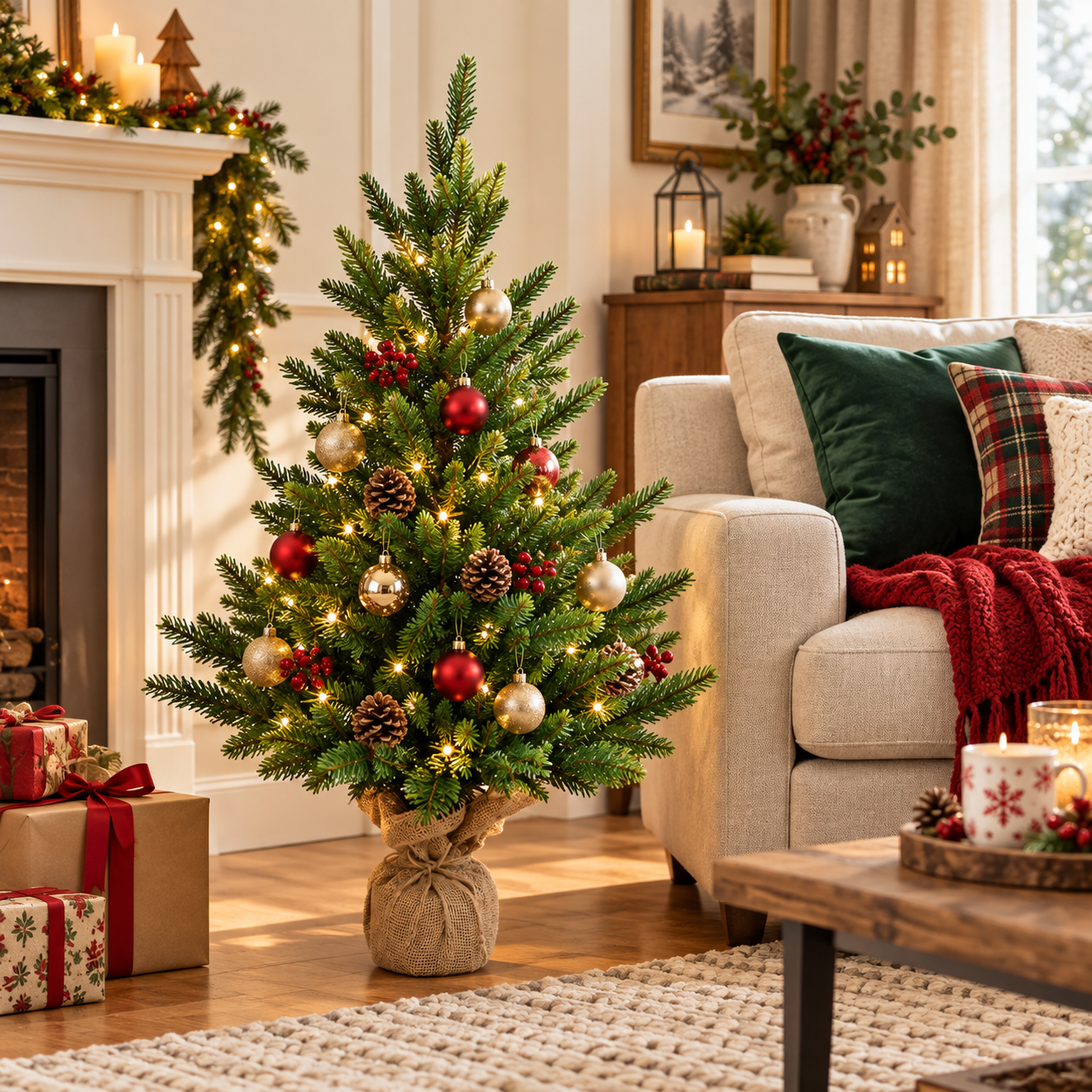 Albero di Natale piccolo mini pino realistico h90 cm con base ricoperta in juta