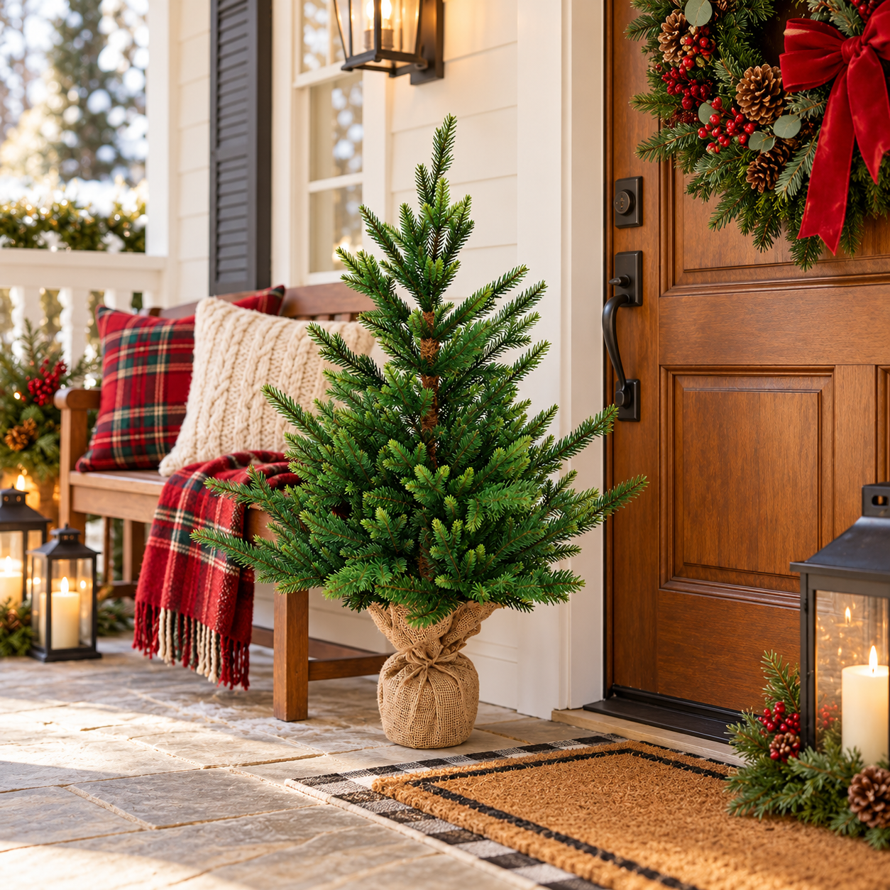 Albero di Natale piccolo mini pino realistico h90 cm con base ricoperta in juta