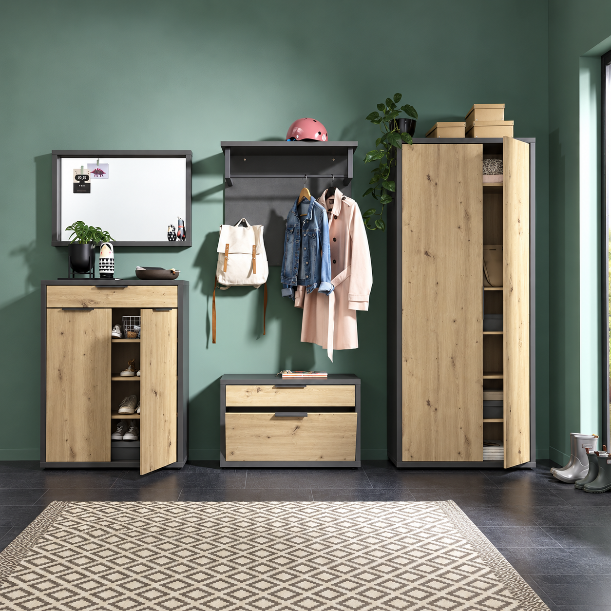 Mobile comodino in legno nobilitato rovere grigio con cassetto e anta a ribalta