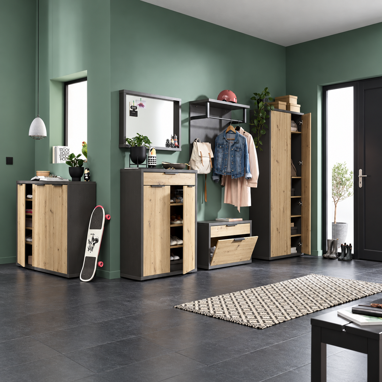 Mobile comodino in legno nobilitato rovere grigio con cassetto e anta a ribalta