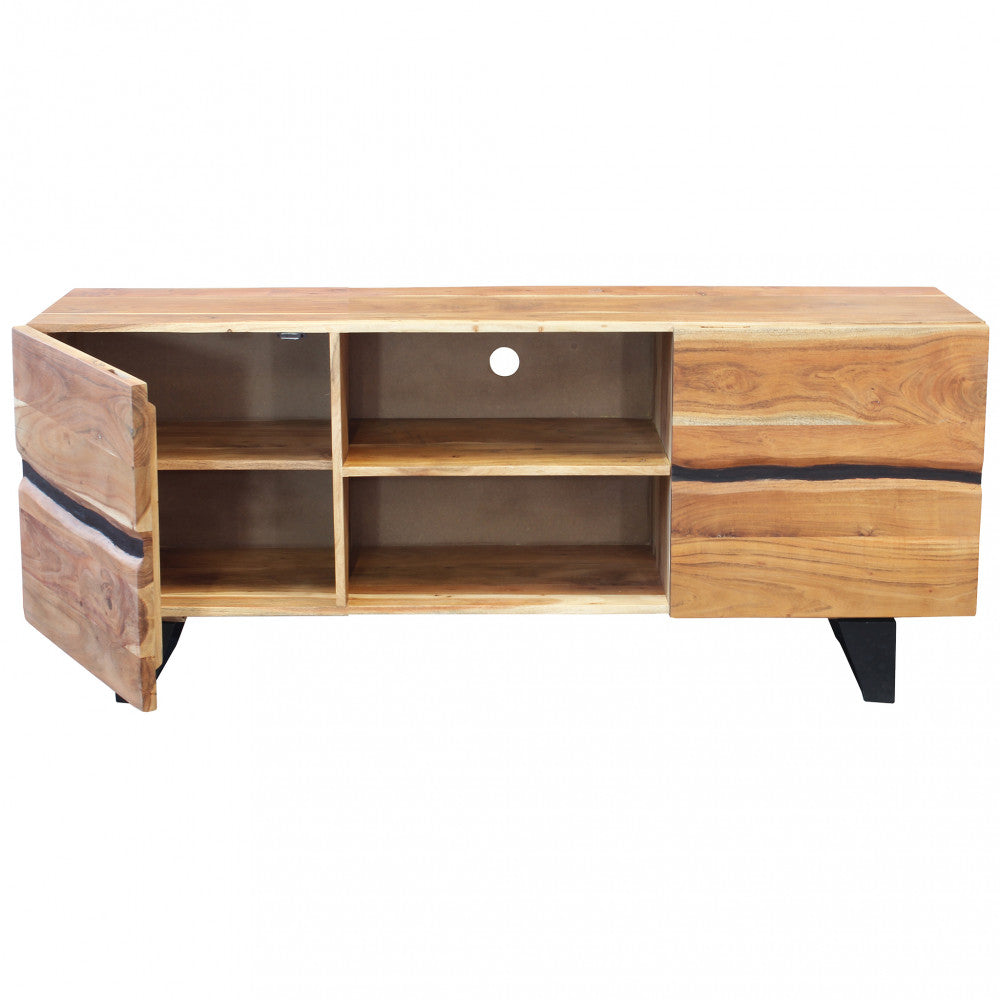 Meuble TV Nister en bois d'acacia avec 2 portes et 2 étagères