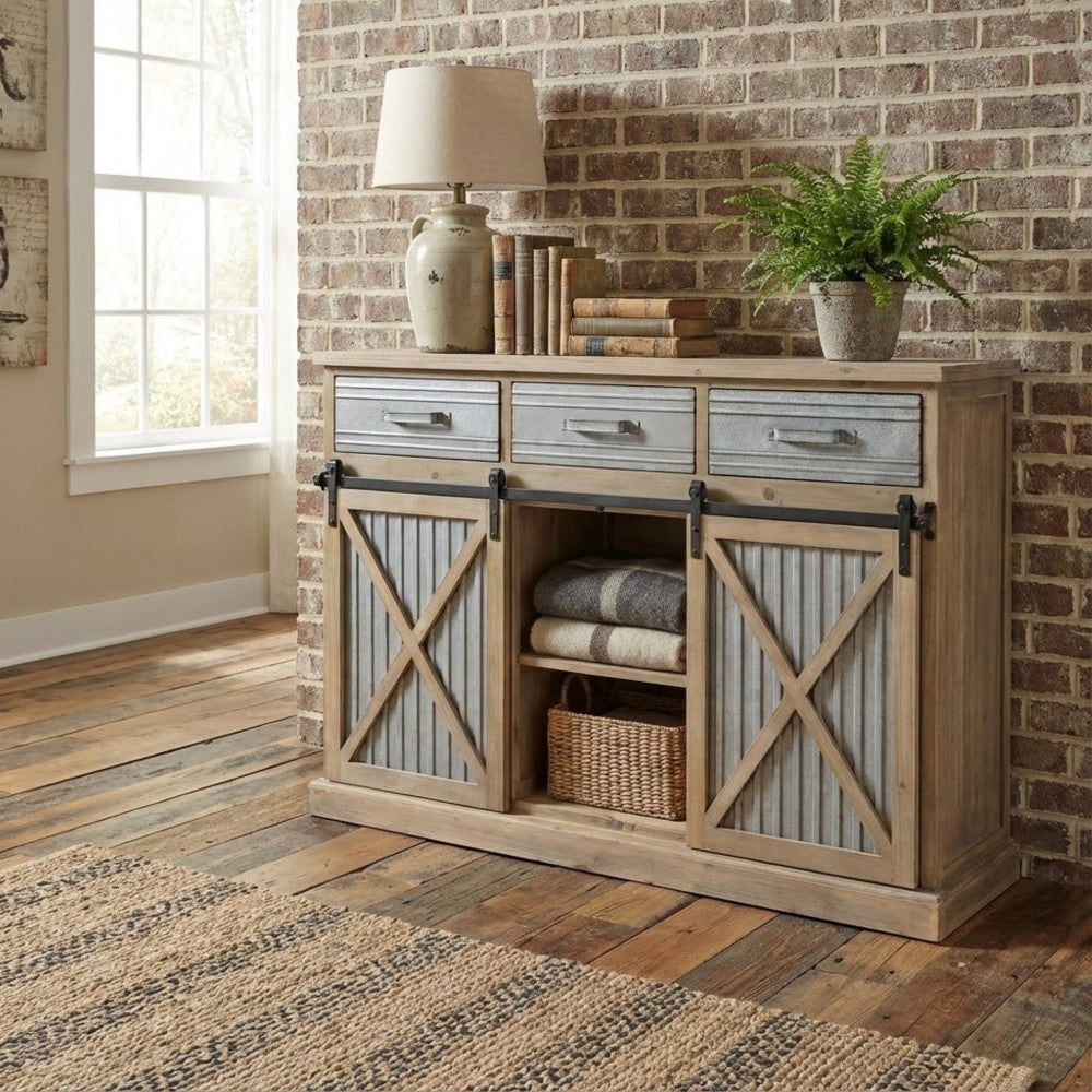 Mobile in metallo e legno con ripiani e cassetti  113x39.5xH81 cm finitura moderna Dolph
