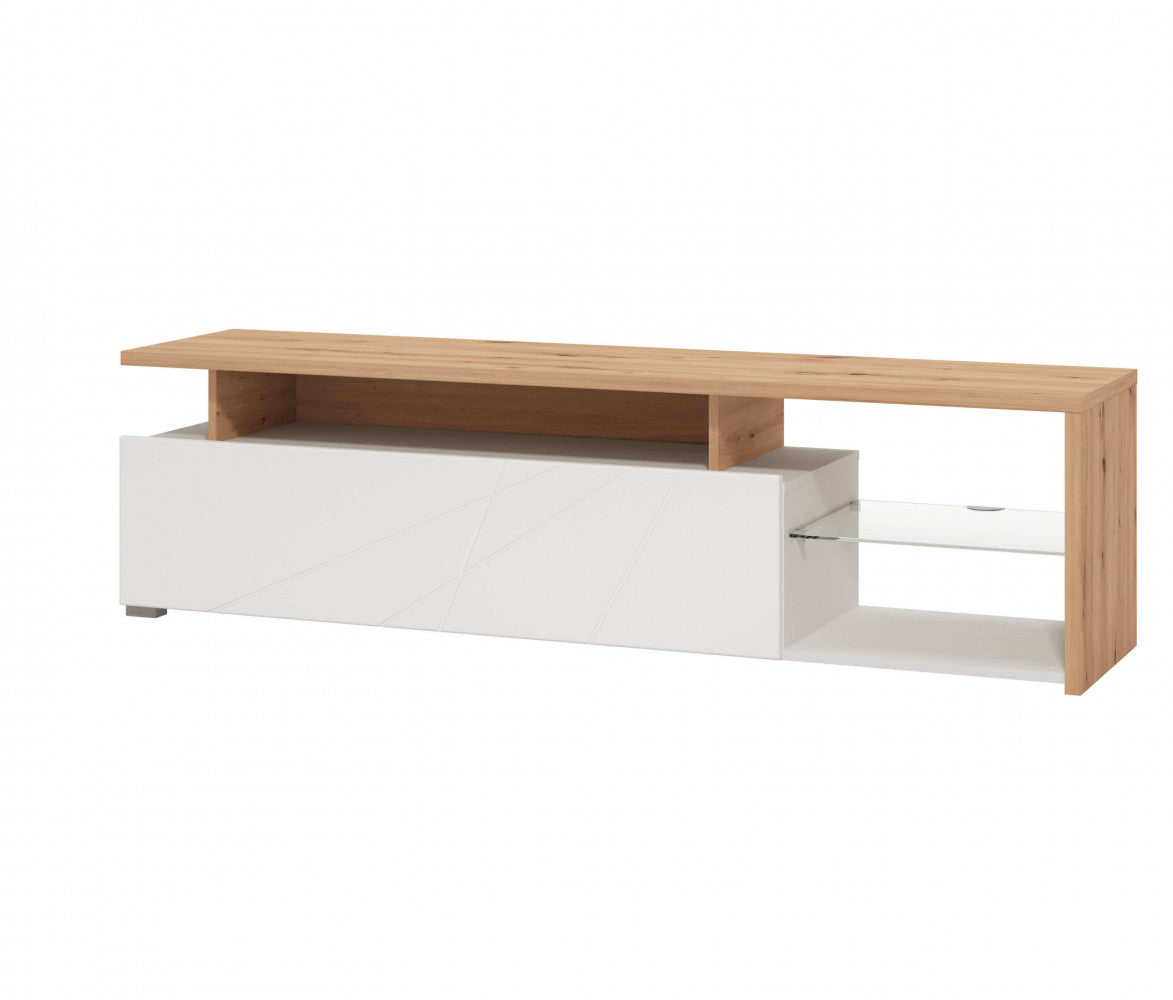 Élégant meuble TV en bois pour salon avec porte pliante blanche et étagère en verre Living TV