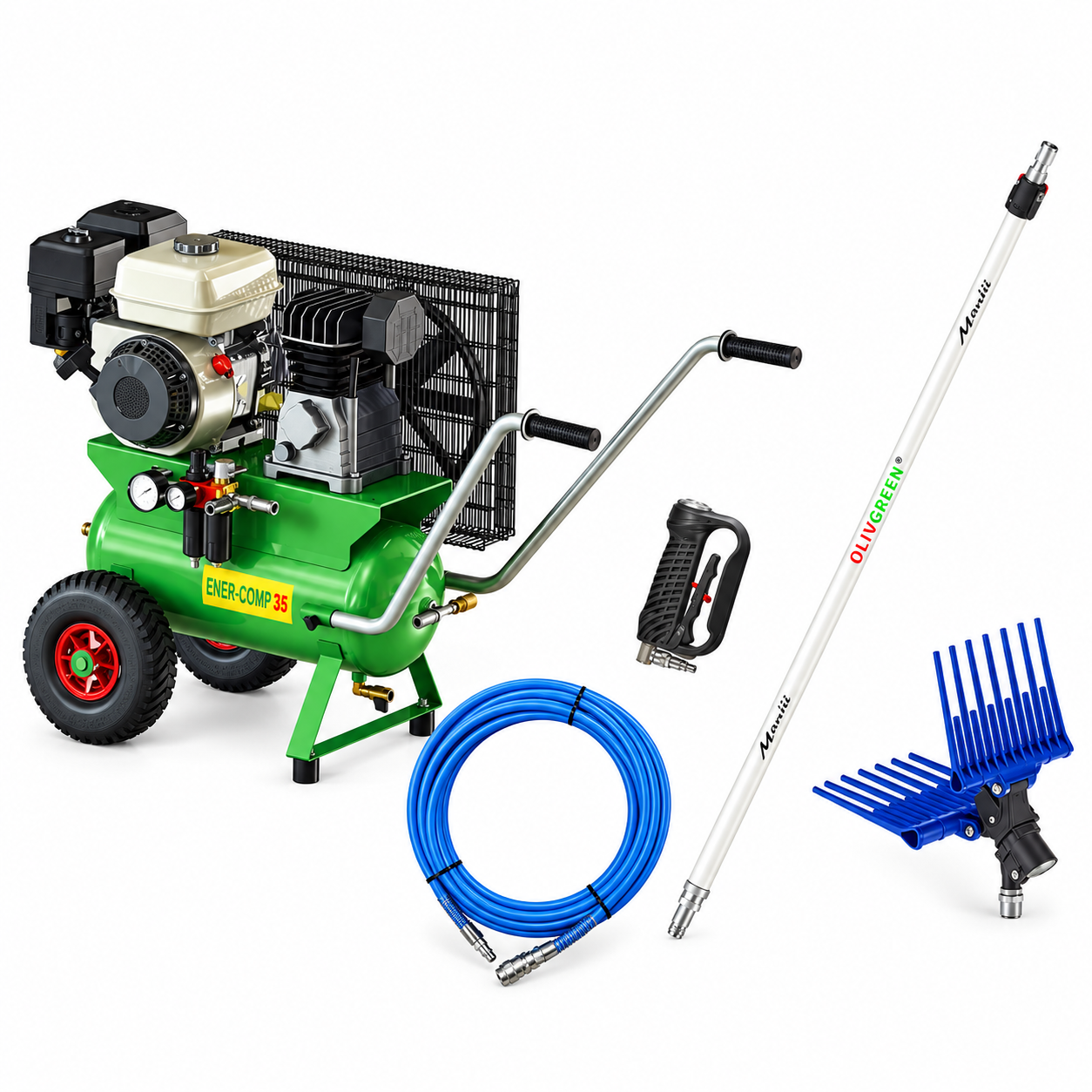 Kit raccolta olive con motocompressore a benzina 4,8 hp e abbacchiatore pneumatico con asta telescopica in alluminio Enercomp