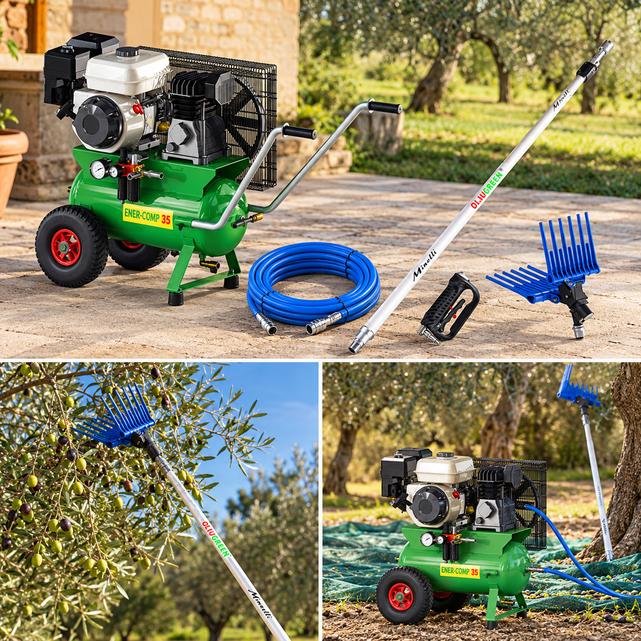 Kit raccolta olive con motocompressore a benzina 4,8 hp e abbacchiatore pneumatico con asta telescopica in alluminio Enercomp