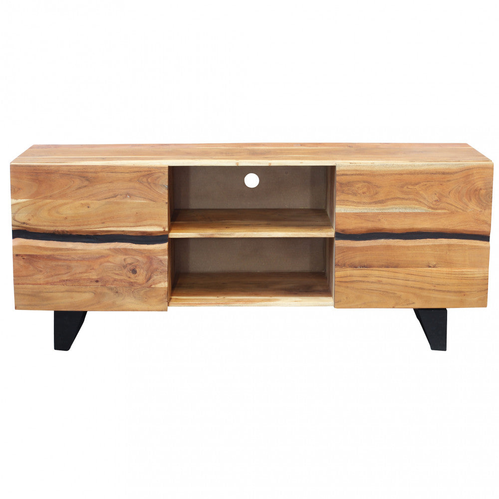 Meuble TV Nister en bois d'acacia avec 2 portes et 2 étagères