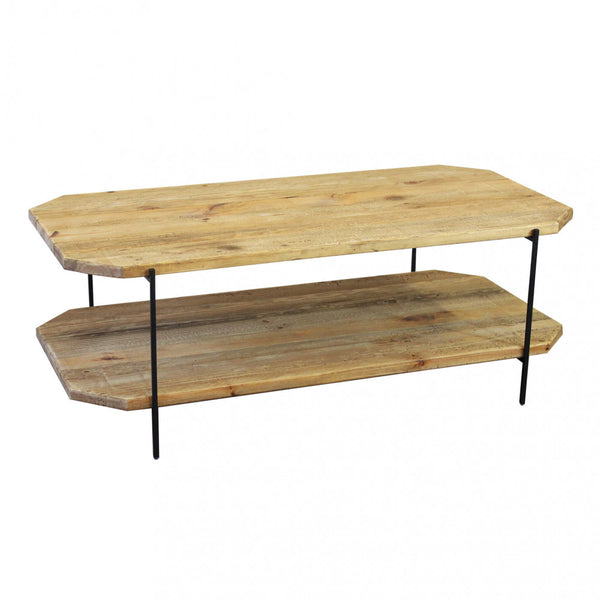 Tavolino basso a 2 ripiani da salotto interno o esterno in legno di pino e gambe in metallo nero Sifid