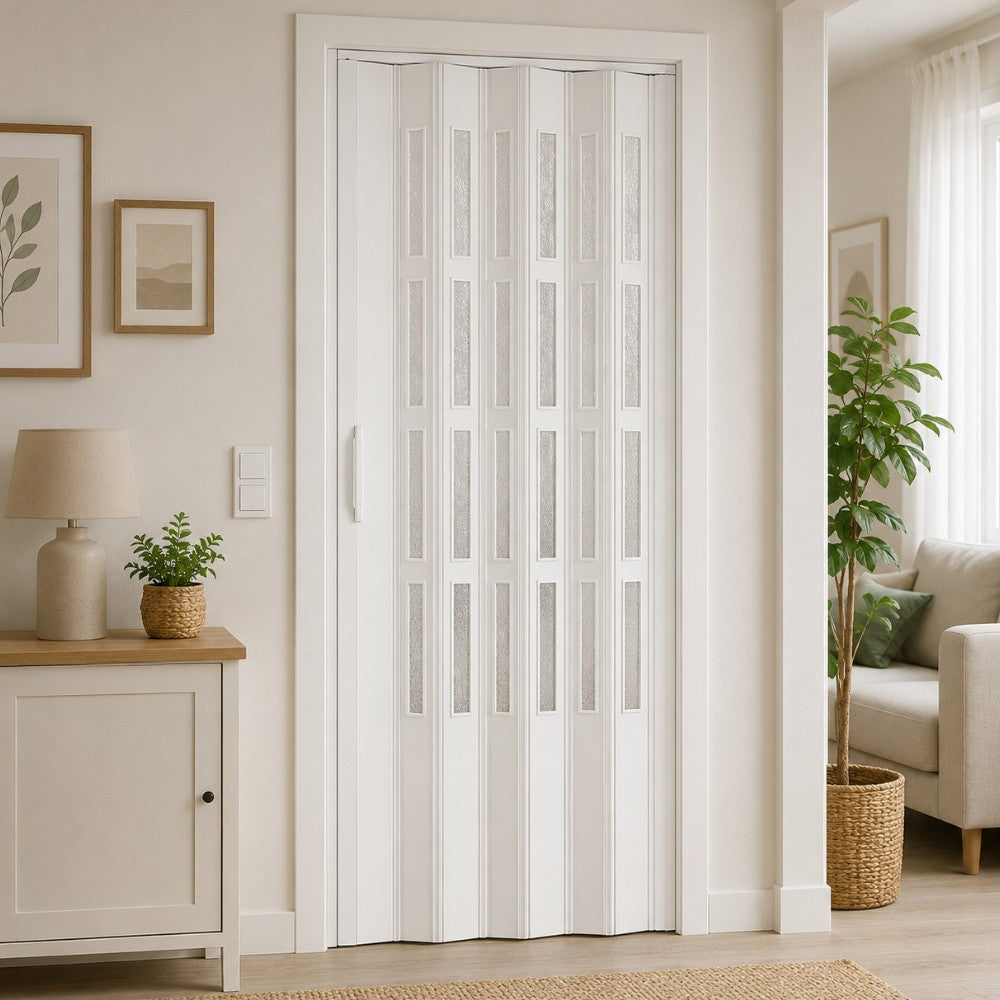 Porta a soffietto in PVC bianca con inserti in vetro apertura laterale e chiusura magnetica 82x210 cm