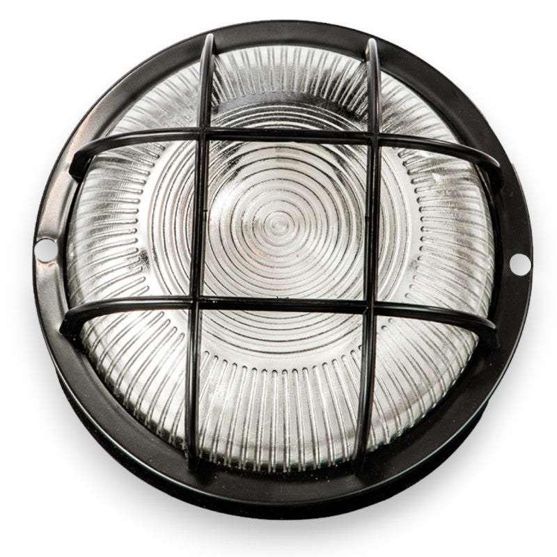 Plafonnier rond pour éclairage extérieur avec diffuseur en verre et grille de protection