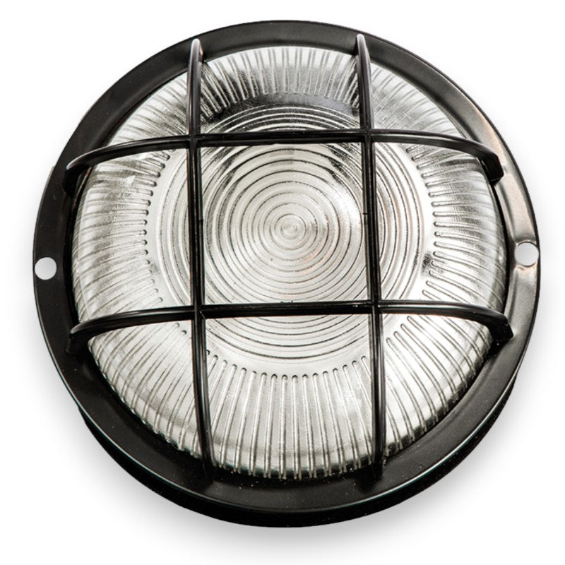 Plafonnier rond pour éclairage extérieur avec diffuseur en verre et grille de protection