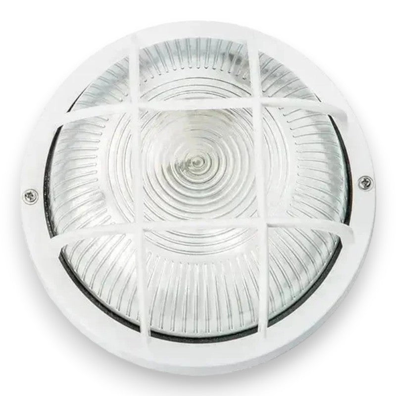 Plafonnier rond pour éclairage extérieur avec diffuseur en verre et grille de protection