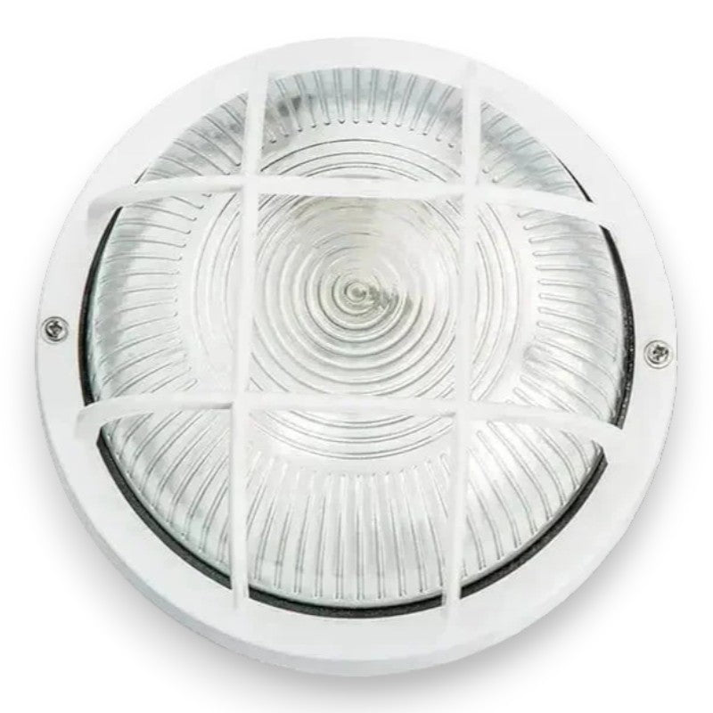 Plafonnier rond pour éclairage extérieur avec diffuseur en verre et grille de protection
