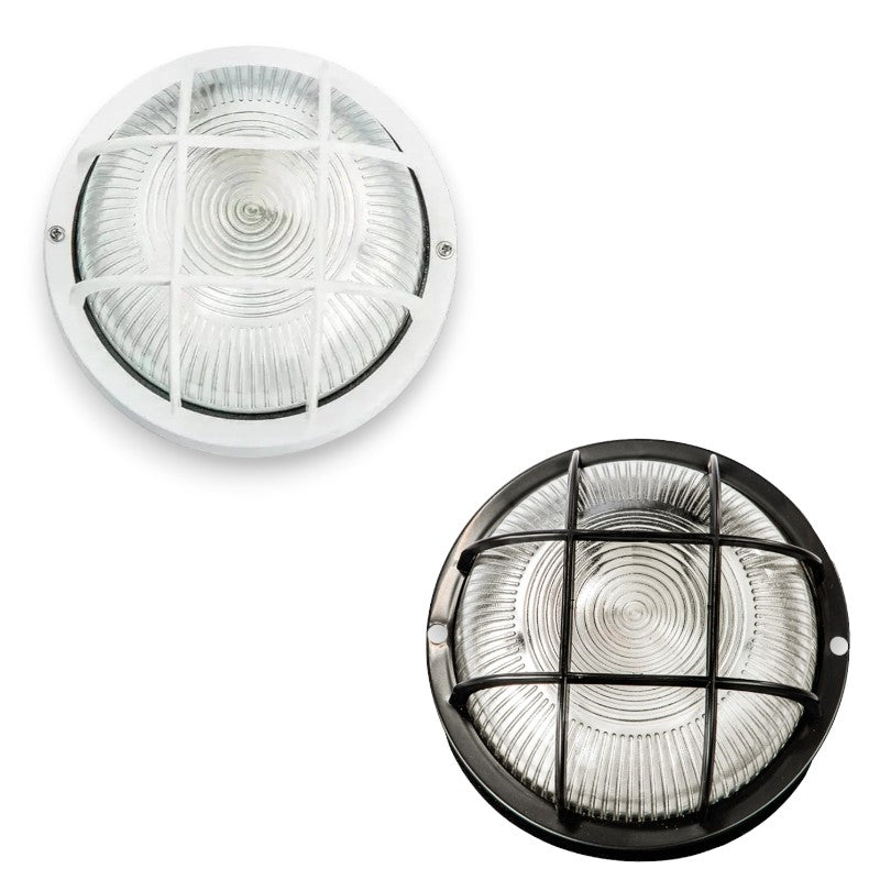 Plafonnier rond pour éclairage extérieur avec diffuseur en verre et grille de protection