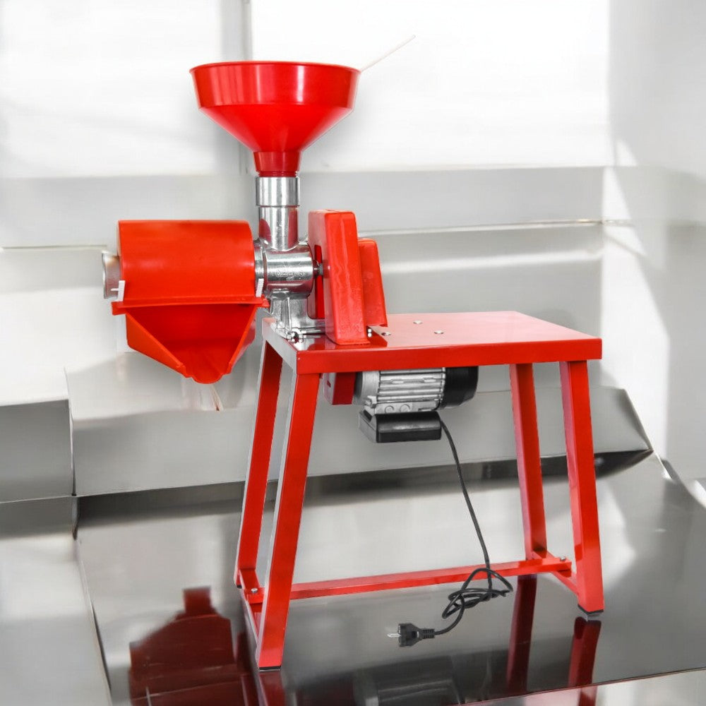 Presse-tomates électrique avec banc 370 W, égouttoir, entonnoir et pilon de cuisine