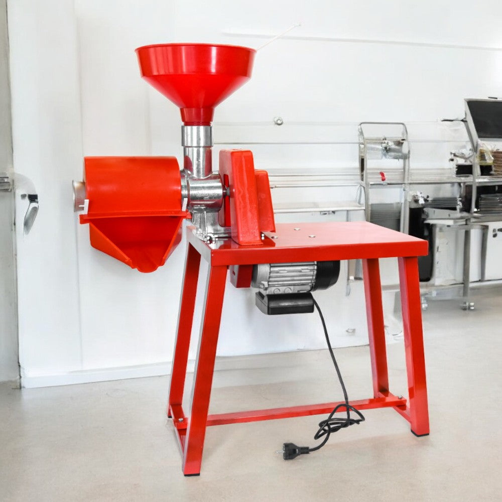 Presse-tomates électrique avec banc 370 W, égouttoir, entonnoir et pilon de cuisine