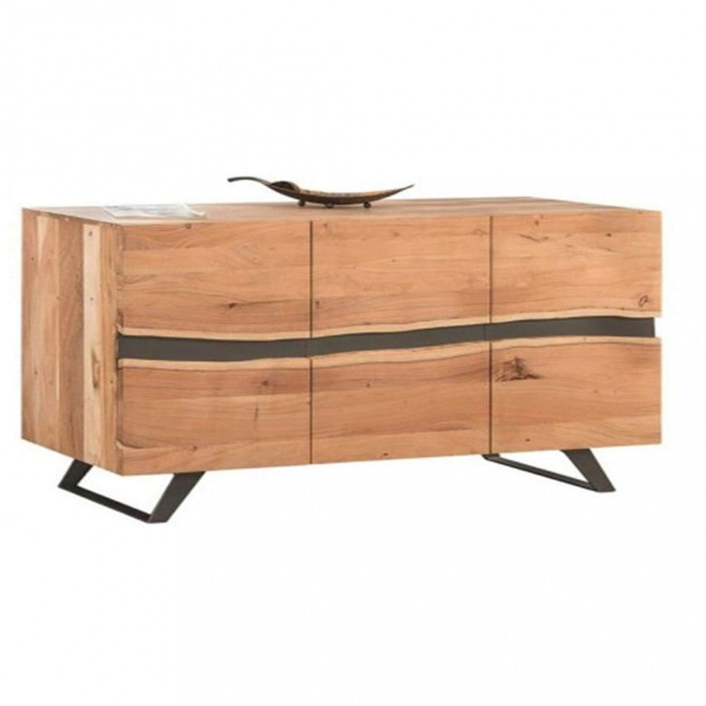 Buffet d'entrée de maison en bois d'acacia travaillé avec 3 portes et pieds en métal Kinde