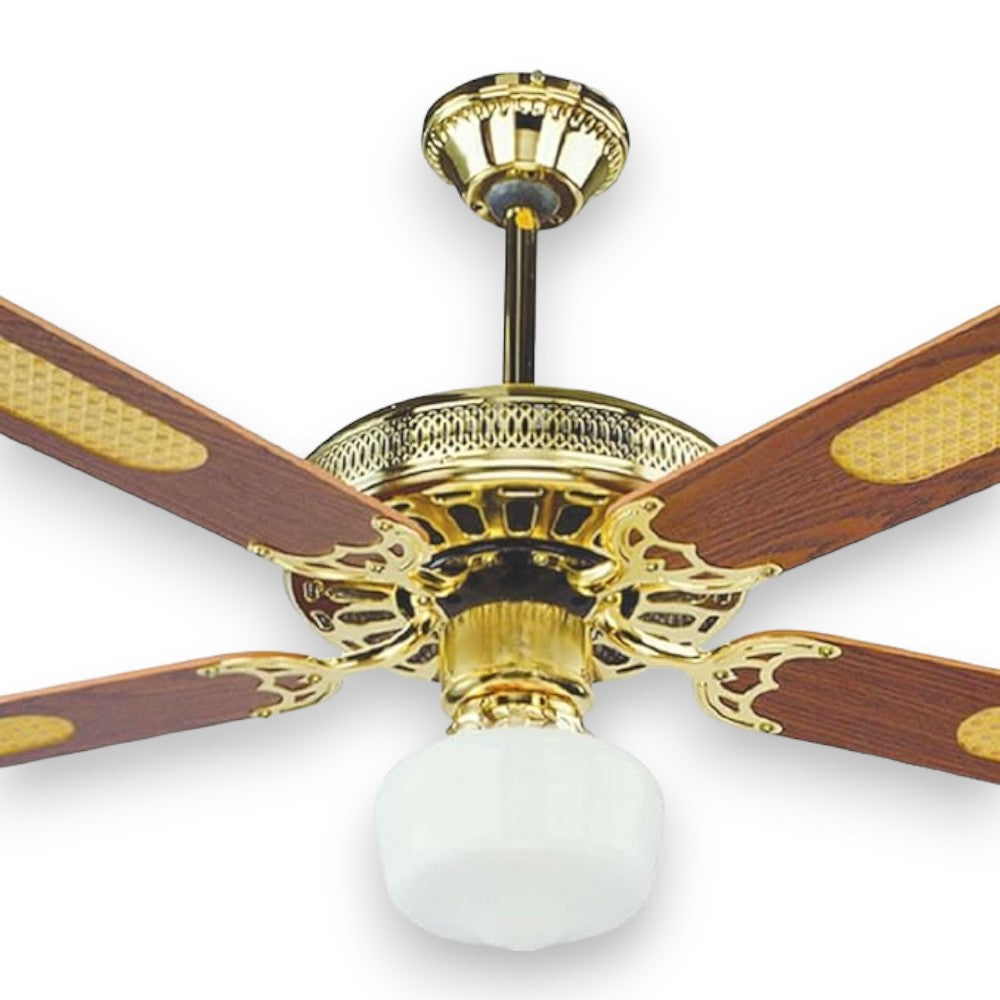 Ventilateur de plafond avec plafonnier 4 pales en laiton et bois finition paille, diamètre 130 cm