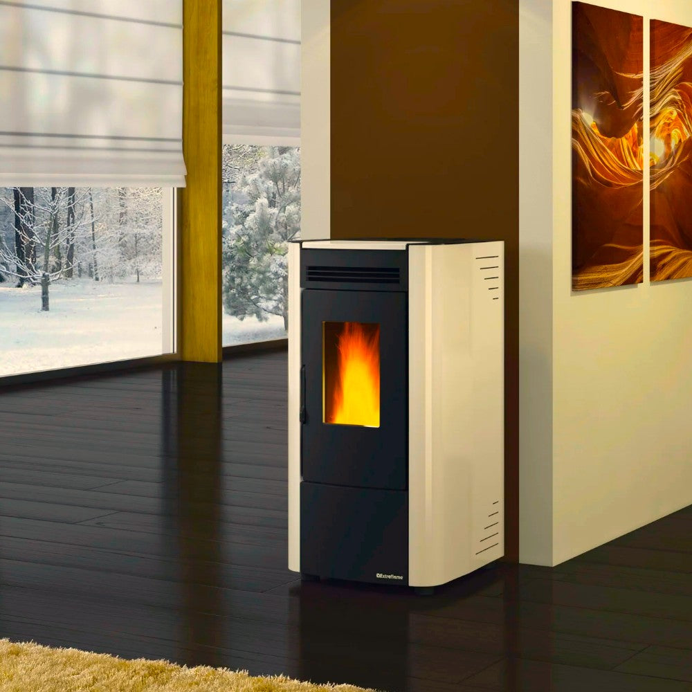 Stufa a pellet in acciaio avorio A+ con serbatoio 15 kg e uscita fumi posteriore 46x53xH89 cm Nordica Extraflame Ketty 5.0
