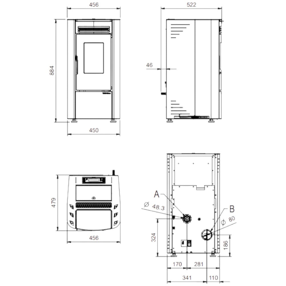 Stufa a pellet in acciaio avorio A+ con serbatoio 15 kg e uscita fumi posteriore 46x53xH89 cm Nordica Extraflame Ketty 5.0