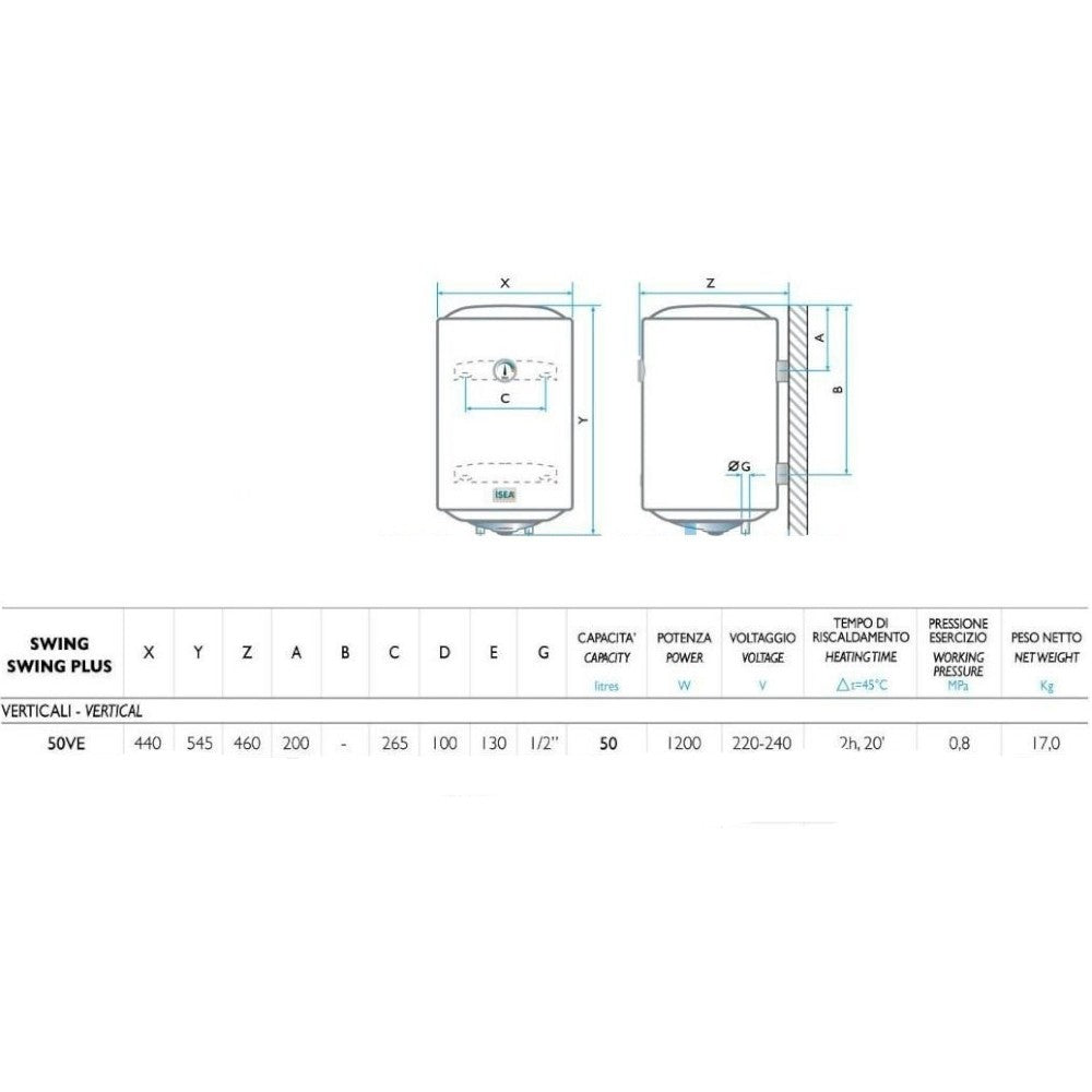 Chauffe-eau électrique vertical 50 litres Chauffe-eau chaudière Isea