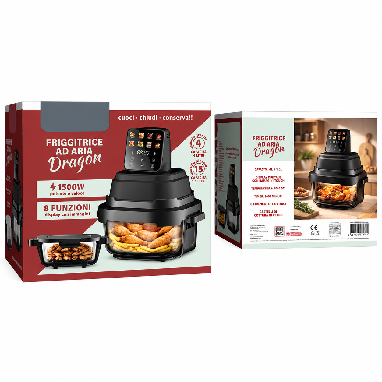 Friggitrice ad aria 1500W multiuso 4in1 con doppio cestello portapranzo in vetro
