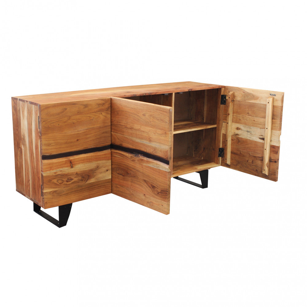 Buffet d'entrée de maison en bois d'acacia travaillé avec 3 portes et pieds en métal Kinde