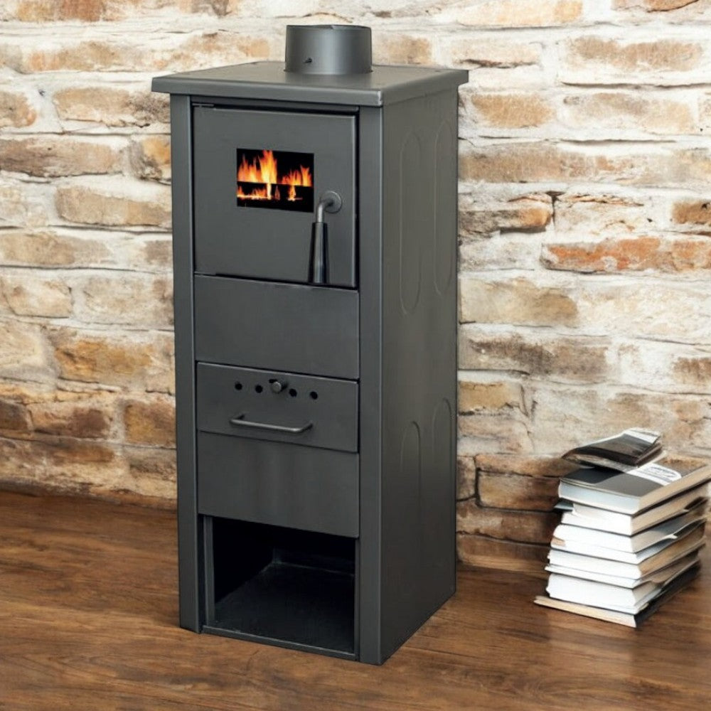 Poêle à bois en acier noir de 6,5 kW avec conduit de cheminée