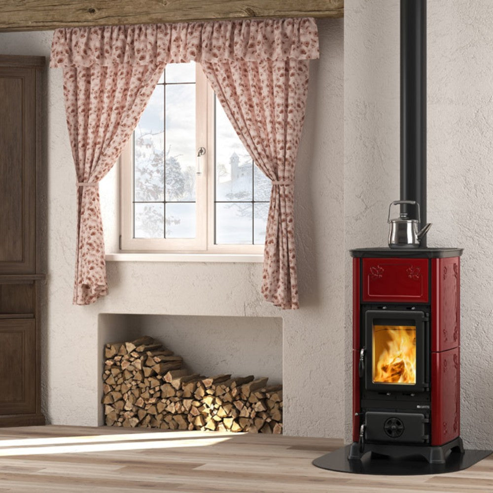 Poêle à bois 6,5 kW avec habillage en fonte 45,3x49xH95 cm Nordica bordeaux