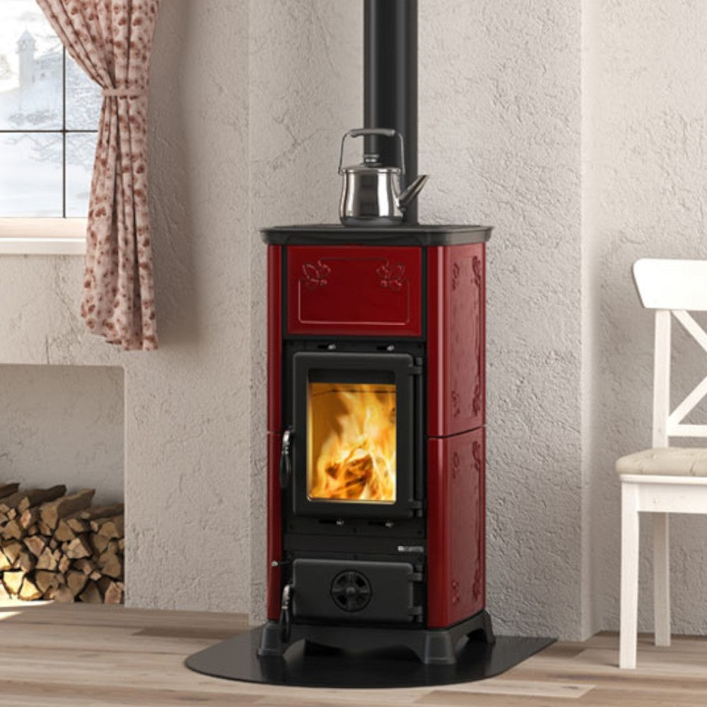 Poêle à bois 6,5 kW avec habillage en fonte 45,3x49xH95 cm Nordica bordeaux