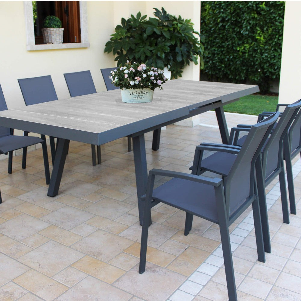 Table de jardin extensible d'extérieur en aluminium avec plateau en grès effet bois 205/265 cm Lincoln