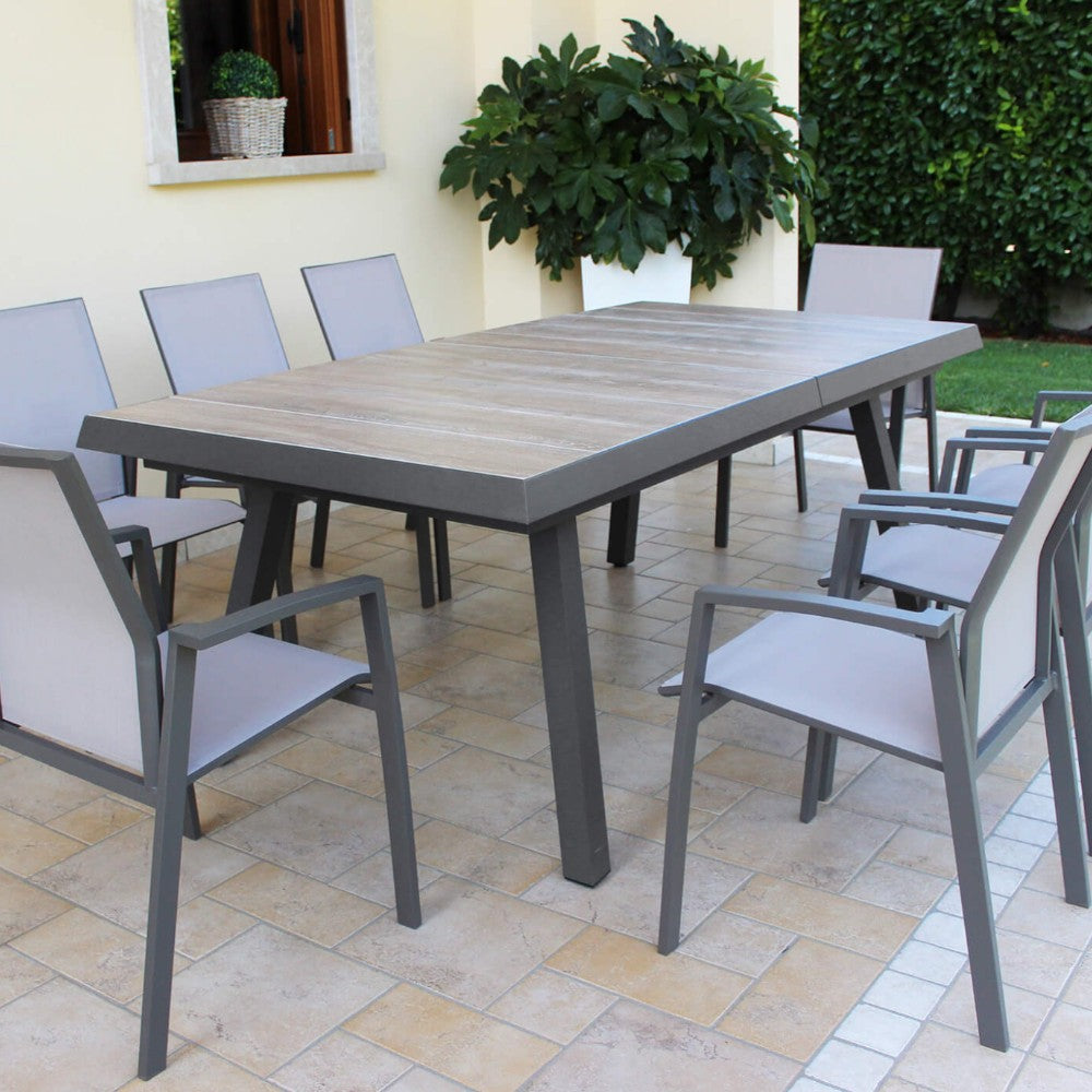 Table de jardin extensible d'extérieur en aluminium avec plateau en grès effet bois 205/265 cm Lincoln