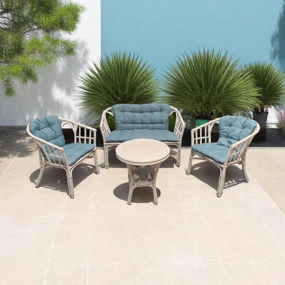 Salotto da esterno 4 posti con cuscini imbottiti e struttura in legno wicker