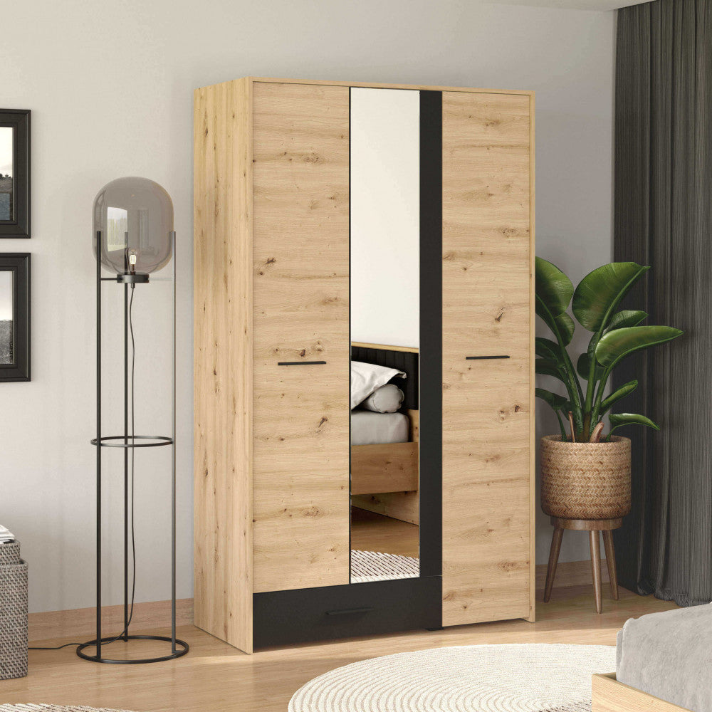 Armoire en bois 2 portes avec miroir central et tringle à vêtements Smigol