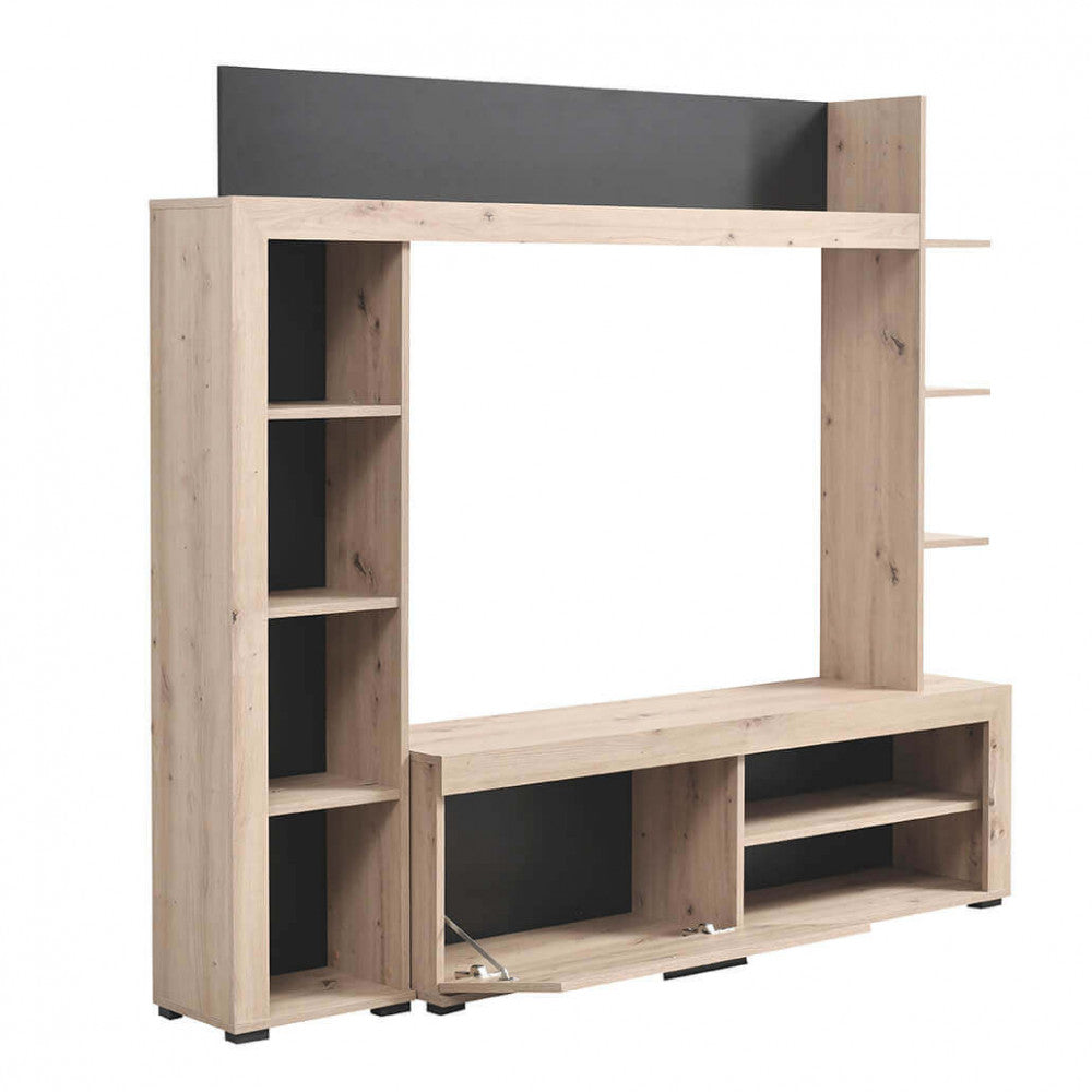 Élément mural TV de salon en bois avec 10 étagères et 1 porte abattante Jessy