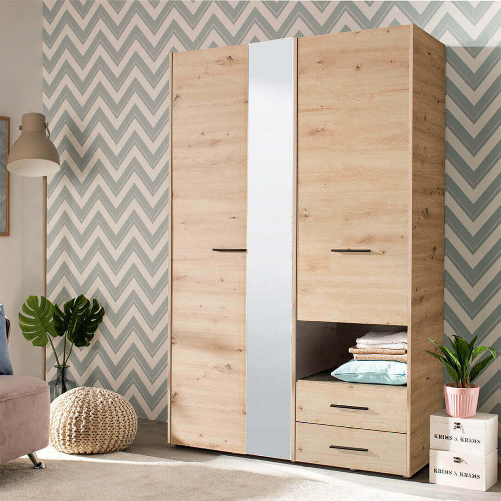 Armoire avec miroir intérieur en bois mélaminé avec 2 portes et 2 tiroirs et tringle à vêtements Fester