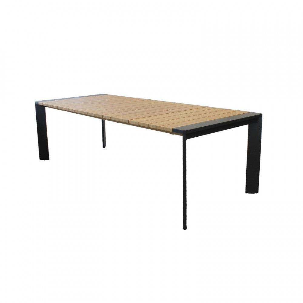 Tavolo rettangolare allungabile in alluminio con piano effetto legno 200/250x100xH75 cm