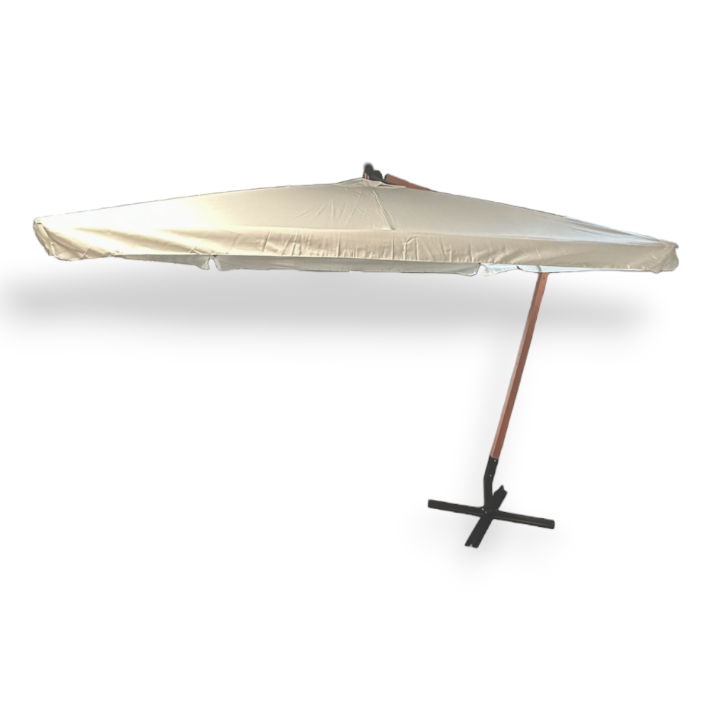 <transcy>Parasol en bois naturel 300x300 cm avec base de support</transcy>