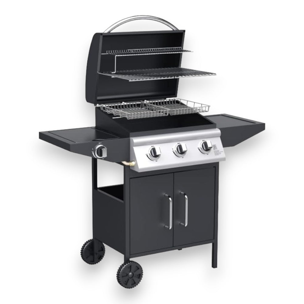 Barbecue à gaz 3 feux avec brûleur et pierre de lave pour usage extérieur