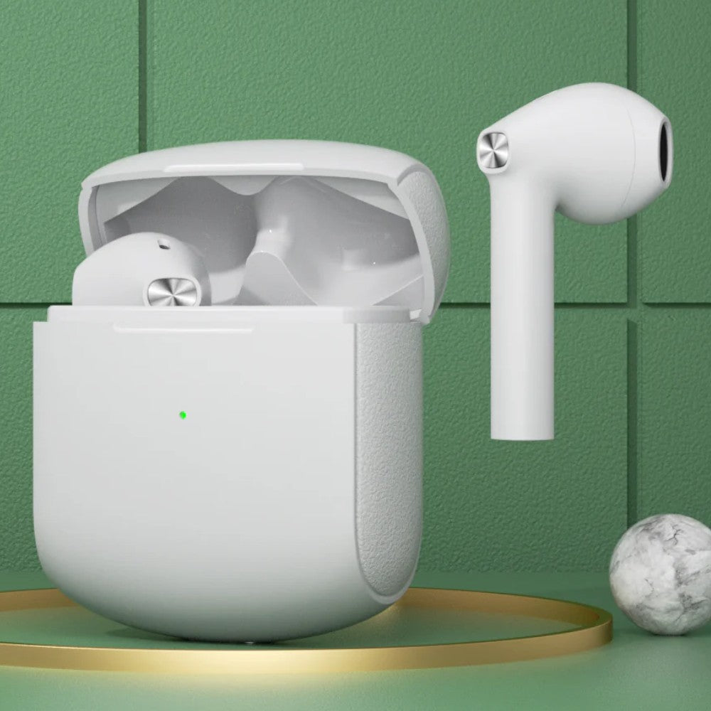 Auricolari wireless bluetooth v5.1 bianchi autonomia 6.5 ore batteria 40mah custodia ricarica 300mah 10 15m
